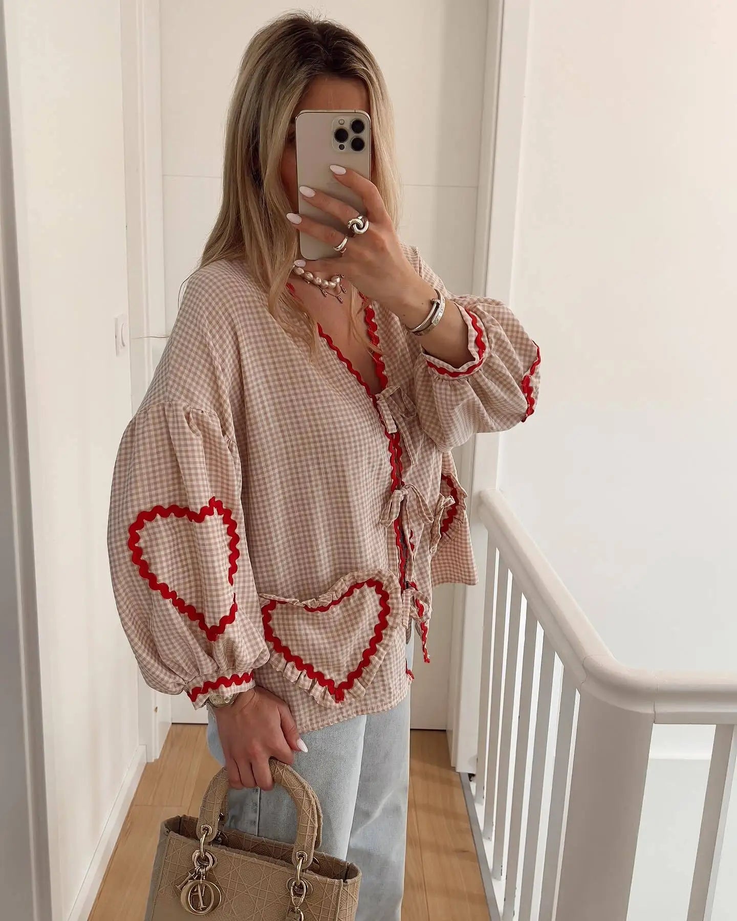 Vintage Heart Pocket V-Neck Blouses